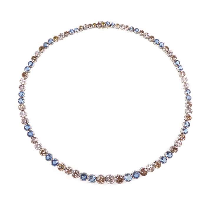Aquamarine and vari-coloured diamond graduated collet necklace